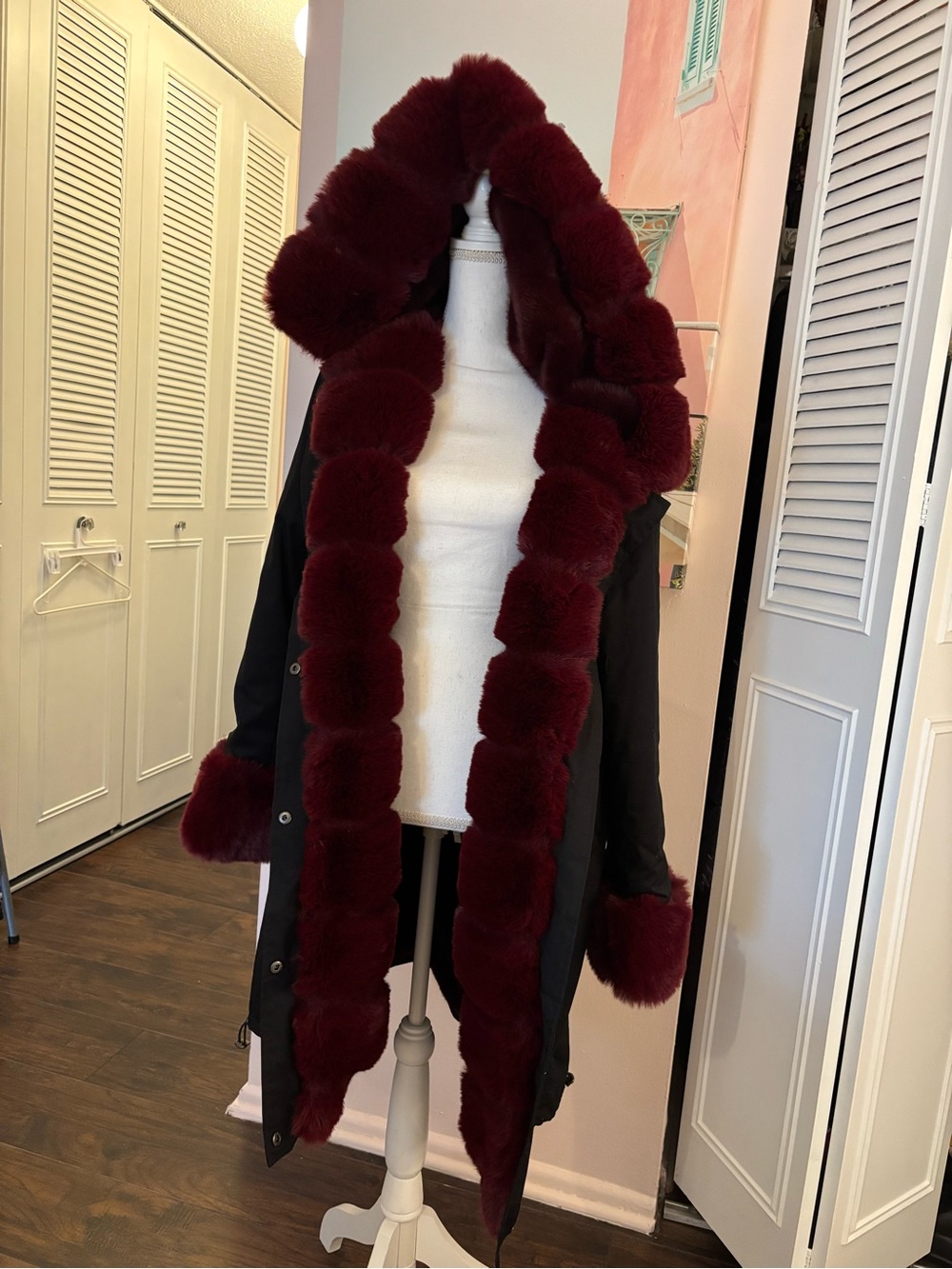 Black Coat with Burgundy Faux Fur Trim - Women Accessories